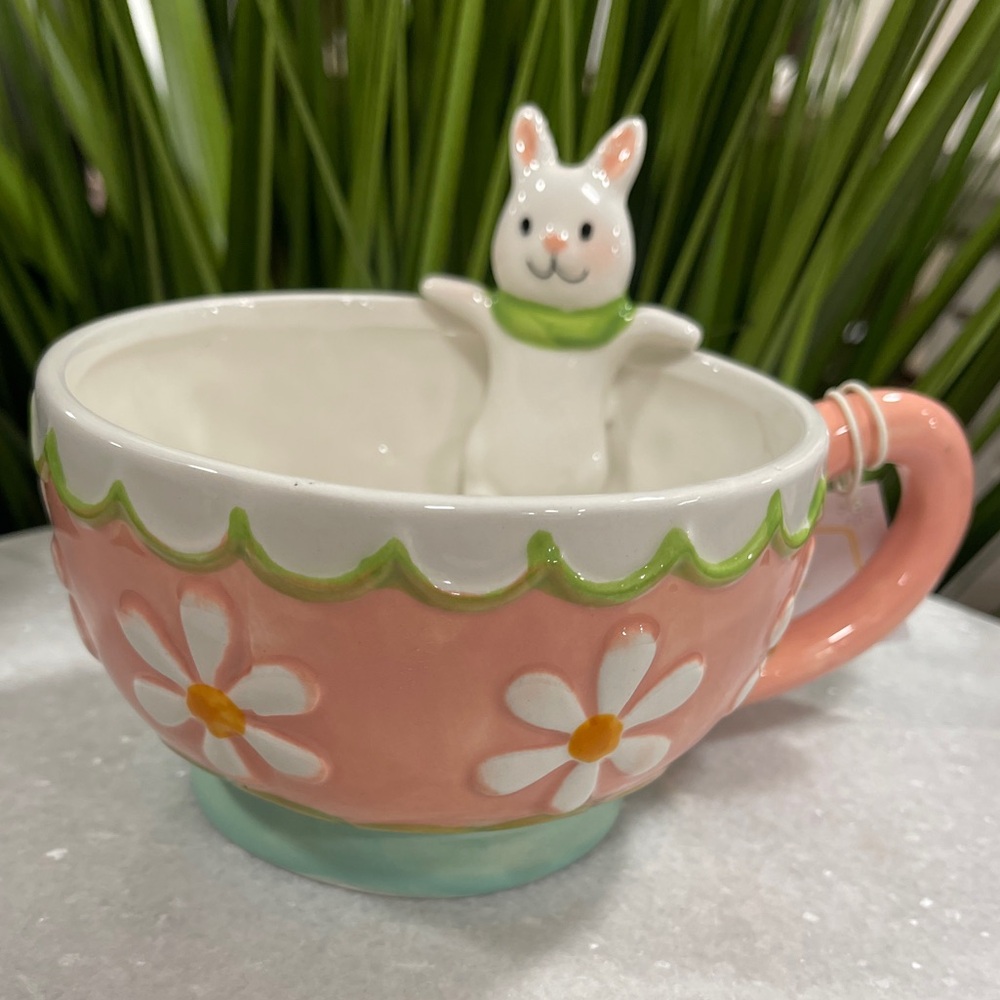 Pink Easter Daisy Bowl w/ Bunny Extra Wide Ceramic Coffee Mug Soup Cup  NWT